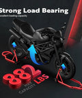 Beefy Heavy Duty Motorcycle Paddock Stands For Front And Rear Wheel Lift 882 Lbs Capacity UL Adjustable Swingarm Spool Durable Steel Frame Fits BMW Suzuki Yamaha Honda Kawasaki Red with bike illustration.