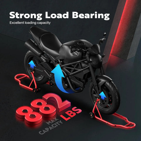 Beefy Heavy Duty Motorcycle Paddock Stands For Front And Rear Wheel Lift 882 Lbs Capacity UL Adjustable Swingarm Spool Durable Steel Frame Fits BMW Suzuki Yamaha Honda Kawasaki Red with bike illustration.