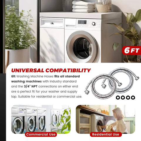 6ft Stainless Steel Washer Hose With 90 Degree Elbow For All Washers 2 Pack Burst Proof Braided Hoses Red and Blue