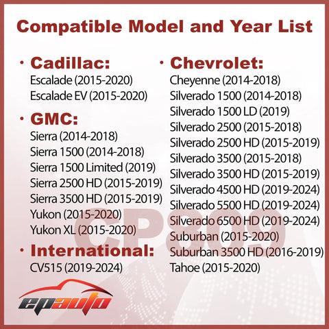 Compatibility list for Cabin Air Filter With Activated Carbon For Chevy Silverado, GMC Sierra, Yukon, Suburban, Tahoe, Cadillac