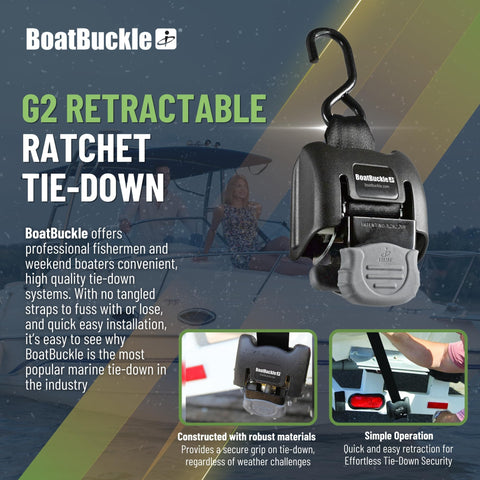 Transom Boat Tie Down Straps for Trailer, 2 By 43 Inch, 2500 Lbs Break Strength, close-up of ratchet mechanism and hook.