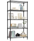 Heavy Duty 5 Tier Metal Storage Shelves with Wire Racks for Garage Kitchen Bathroom and Laundry, 1250 Lbs Capacity, Space Saving Freestanding Organizer, Black Finish, 13.8 D x 29.5 W x 59.5 H, black metal shelf with books and decor
