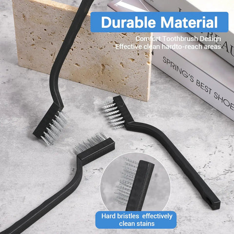 60 Piece Mini Wire Brush Set Stainless Steel Wire Bristles Scrubbers For Welding Slag And Rust Cleaning Curved Handle Masonry Tool Black 6.7 Inch Bulk Workshop Kit For Home Garage on stone tile and books backdrop
