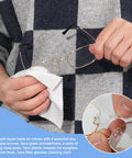 No Sweat Gold Eyeglass Repair Tool Kit With Heavy Duty Screwdriver Set Loaded With Tiny Screws Air Cushion Nose Pads Smart Tweezers Replacement Ear Pieces Plus Microfiber Cloth For Glasses Done Right, showing person cleaning glasses.