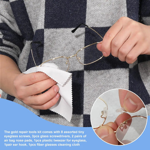 No Sweat Gold Eyeglass Repair Tool Kit With Heavy Duty Screwdriver Set Loaded With Tiny Screws Air Cushion Nose Pads Smart Tweezers Replacement Ear Pieces Plus Microfiber Cloth For Glasses Done Right, showing person cleaning glasses.