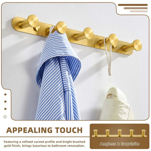 Five Hook Towel Rack In Brushed Dark Gold Stainless Steel, Wall Mount with robes hanging, bathroom organizer view.