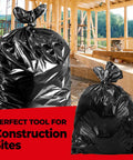 Heavy Duty 42 Gallon Trash Bags 3 Mil Thick Black Contractor Garbage Liners 50 Count in construction site setting.