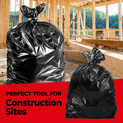 Heavy Duty 42 Gallon Trash Bags 3 Mil Thick Black Contractor Garbage Liners 50 Count in construction site setting.