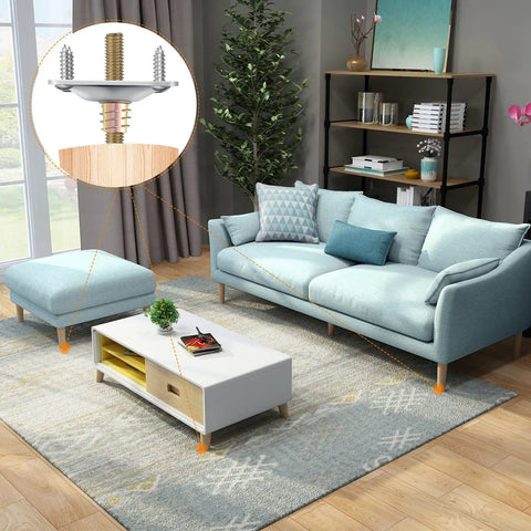 Living room scene with sofas and ottoman fixed using Heavy Duty Leg Mounting Plates Set For Sofas And Furniture Repair