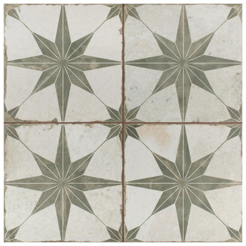 Kings Star Sage Seventeen And Five Eighths Inch Ceramic Floor And Wall Tile with star design, ideal for kitchens and bathrooms.