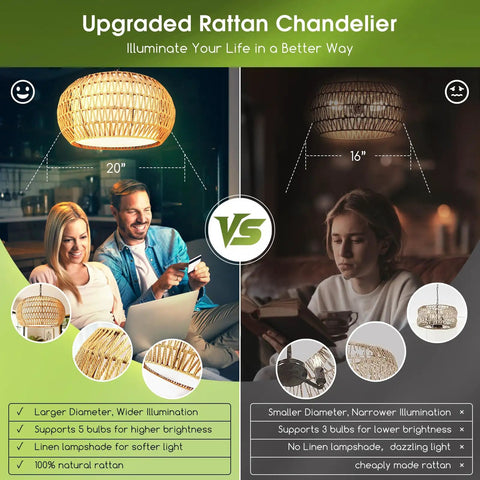 Big Time Upgrade 19 Inch Boho Rattan Chandelier Featuring Five Warm Lights For Farmhouse Dining Rooms with side comparison.