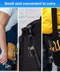 One Quarter Inch Hex Shank Bit Holder Extension Bar Keychain Screw Adapter attached to tool belt and backpack.