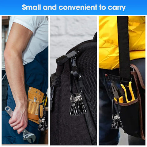 One Quarter Inch Hex Shank Bit Holder Extension Bar Keychain Screw Adapter attached to tool belt and backpack.
