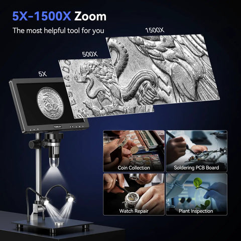 20MP Digital Microscope With 10 Point One Inch HD IPS Screen Go To Gear For Coins Stamps Jewelry And DIY Repairs LCD Soldering Microscope For Adults 10 LED Lights PC And TV Compatible 16GB showing 5X-1500X zoom