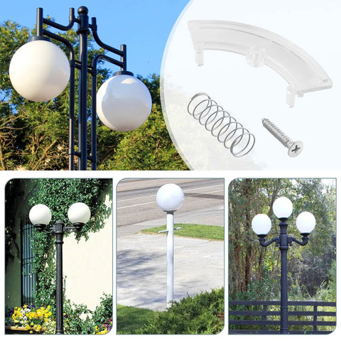 Spring Wing Clamp Hardware Kit For Post Top Replacement, shown with lamp post examples and kit components including clamps, screws, springs