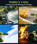 Beast Power Cordless Leaf Blower With Turbo 800000 RPM Motor Dual Speed Nozzles 2x4Ah Batteries And Charger in action for car drying, yard cleaning, snow blowing, and fire ignition.