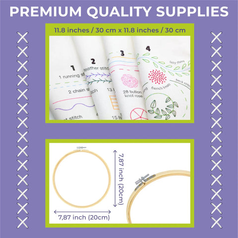 4 Piece Starter Embroidery Kit For Beginners And Pros With Simple Patterns showing hoop and pre-printed cloths