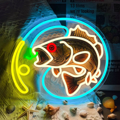 Dimmable Fishing Neon Sign LED Hook Lights For Wall Decor And Man Cave Vibe Fishing Themed Neon Light For Fishing Lovers Gear Store Coastal Kitchen Bedroom Yacht Party Decor