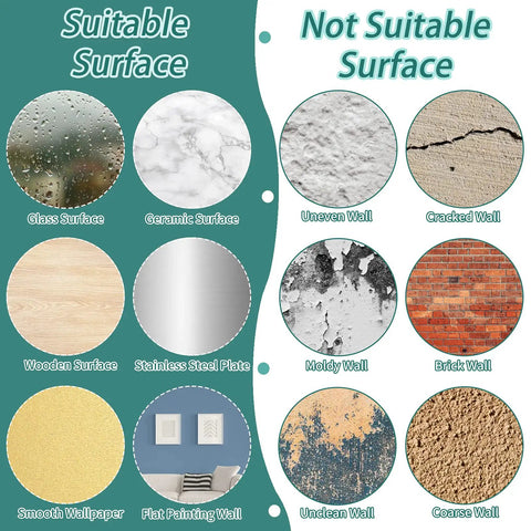 Surface guide for eyelash eyes wall stickers with flying butterflies, girly heart decor vinyl. Suitable surfaces include glass, ceramic, wood, stainless steel, smooth wallpaper, flat paint; not suitable include uneven, cracked, moldy, brick, unclean, coarse walls.