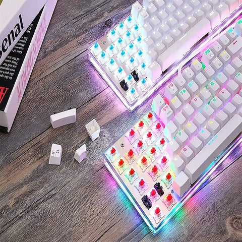 Legit Wired Gaming Keyboard With Hella Smooth Mechanical Feel And Straight Fire RGB Rainbow Backlight Featuring Nine Custom Lighting Modes Plus Six Key N Key Rollover And Multimedia Keys For Ultimate Windows Pc Gaming Setup on wooden surface.