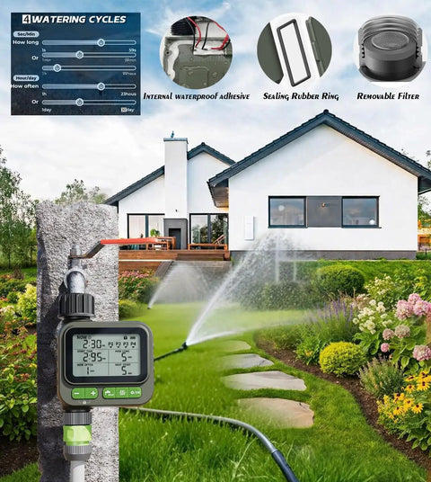 Four Zone Smart Sprinkler Timer With IP65 Waterproof Hose Timer No Fuss Auto And Manual Modes in use in a garden setup