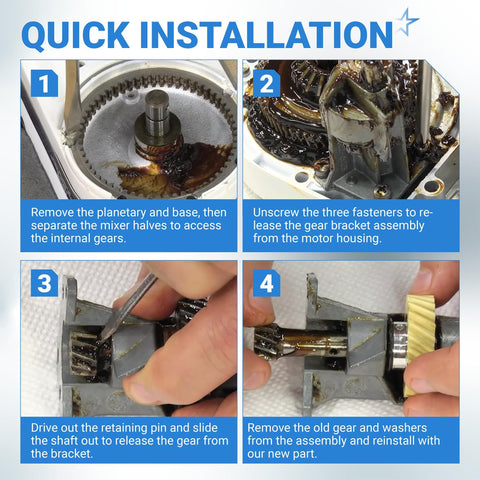 Quick installation steps for Mixer Worm Gear Replacement Set For Whirlpool And KitchenAid Mixers Replaces 4162897 4169830