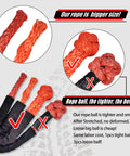 Close-up of two-pack synthetic soft shackle half inch by 22 inch with 55000 lb breaking strength orange rope, showing texture and size comparison.