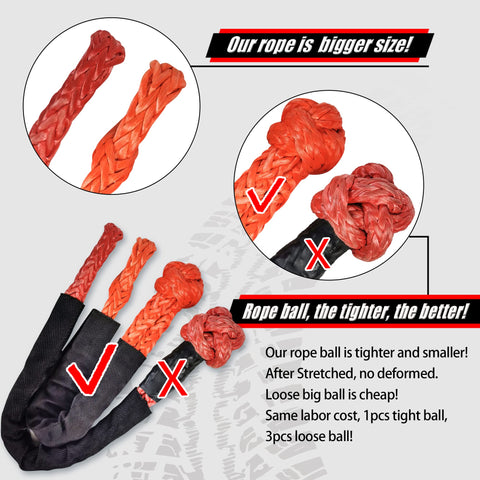 Close-up of two-pack synthetic soft shackle half inch by 22 inch with 55000 lb breaking strength orange rope, showing texture and size comparison.