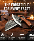 Do It All Hand Forged Chef Knife And Cleaver Set With Carbon Steel Blades And Ergonomic Wooden Handles on leather sheath outdoors