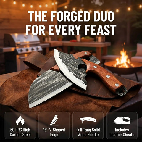 Do It All Hand Forged Chef Knife And Cleaver Set With Carbon Steel Blades And Ergonomic Wooden Handles on leather sheath outdoors