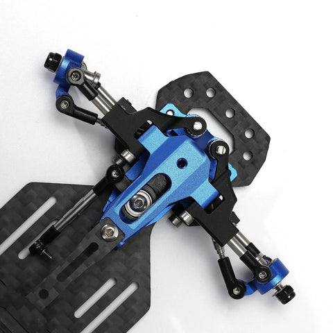 Close-up of TG Racing Carbon Fiber RC Car Frame Kit 1/24 1/28 Scale Rear Wheel Drive RWD Drift Chassis with blue parts