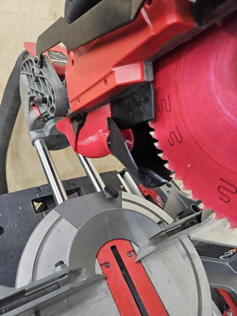 Dust Collector And Dust Chute For Milwaukee 10 Inch Miter Saw 2734-20/21 Compatible attached to saw, close-up view
