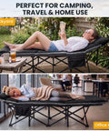 Oversized XXL Folding Camping Cot With Carry Bag in use at backyard and office, sturdy steel frame, double Oxford fabric