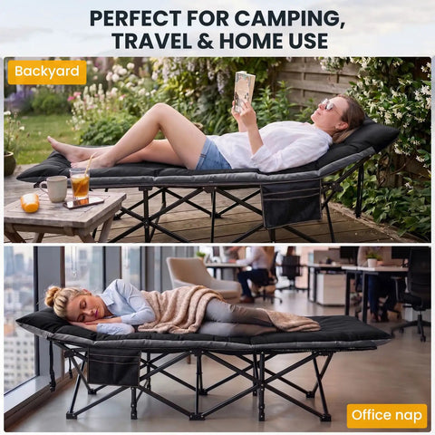 Oversized XXL Folding Camping Cot With Carry Bag in use at backyard and office, sturdy steel frame, double Oxford fabric