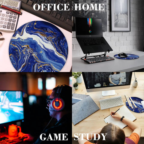 Luxury Blue Gold Marble Round Mouse Pad With Non Slip Rubber Base And Stitched Edge, 8 By 8 Inches on desks and gaming setups