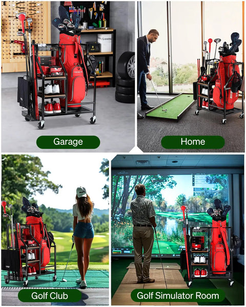Garage Ready Golf Bag Organizer With Wheels Holds One Standard Bag Plus Clubs Balls Shoes In Various Settings