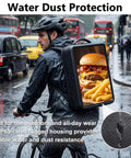 Straight Fire 23 Inch Digital Billboard Backpack With Smooth Wifi Remote Control And Full Hd Lcd Screen Built For Street Marketing Hustles And Portable Ad Rigs That Seriously Crush It, worn by cyclist in rain.