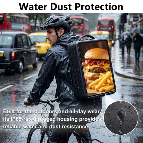 Straight Fire 23 Inch Digital Billboard Backpack With Smooth Wifi Remote Control And Full Hd Lcd Screen Built For Street Marketing Hustles And Portable Ad Rigs That Seriously Crush It, worn by cyclist in rain.