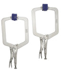 Beefy Locking C Clamp Set With Wide Opening Jaws And Guarded Quick Release Trigger, High Grade Alloy Steel Construction, 2 Piece Clamp Bundle For Securing Tapered Or Odd Shaped Work On Any Project; two silver clamps