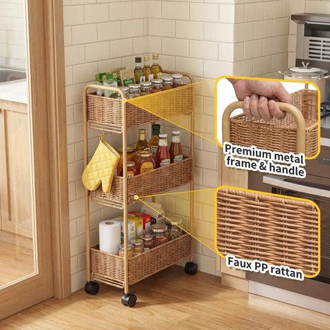 Ultra Slim 3 Tier Rolling Storage Cart for Small Spaces Narrow 7.1 Inch Wide Mobile Shelving Unit for kitchen with metal frame