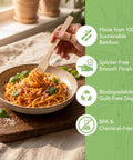 Real Deal Bamboo Forks Bulk Pack in use with spaghetti, demonstrating strength and compostability, 100% sustainable bamboo.