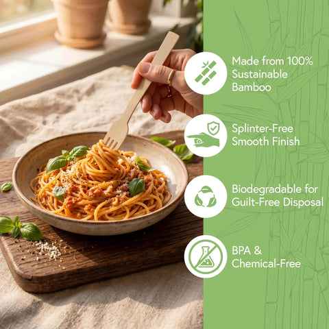Real Deal Bamboo Forks Bulk Pack in use with spaghetti, demonstrating strength and compostability, 100% sustainable bamboo.