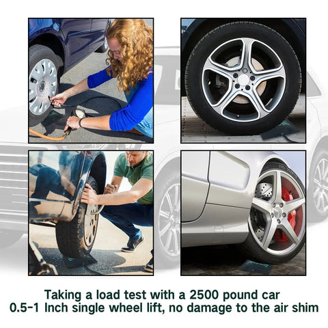 Pro Grade Commercial Air Wedge Bag 2 Pack With Quick Release Pump lifting car wheel for leveling test, showing durability.