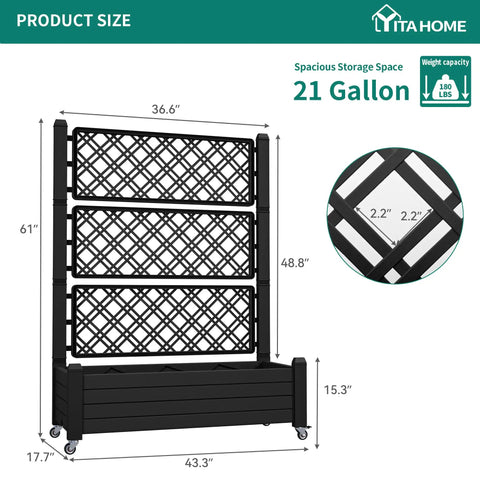 Outdoor Planter Boxes With Trellis Two Pack Resin Raised Garden Beds On Wheels With Drain Plugs For Climbing Plants 61 Inch Tall Weatherproof Outdoor Privacy Screen In Black showing dimensions and design features.