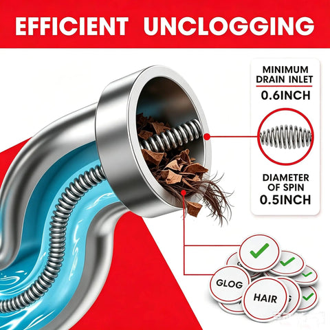 42 Foot Beast Mode Drain Snake And Hair Clog Remover, Drill Powered Plumbing Auger For Kitchen And Bath, Nukes Stubborn Blockages In Sinks And Toilets Fast, Red with spring steel cable inside a drain