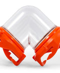 90 Degree RV Tote Tank Adapter With Clear Low Profile Elbow And Odor Tight Locking Heavy Duty Resin Construction Universal Lug Sewer Fit Dual Bayonet End Prongs For Easy Dump And Downhill Drainage clear resin elbow adapter with orange bayonet ends