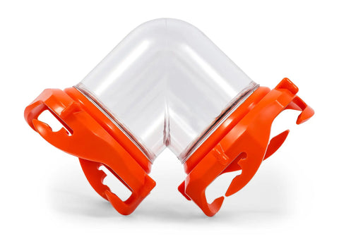 90 Degree RV Tote Tank Adapter With Clear Low Profile Elbow And Odor Tight Locking Heavy Duty Resin Construction Universal Lug Sewer Fit Dual Bayonet End Prongs For Easy Dump And Downhill Drainage clear resin elbow adapter with orange bayonet ends