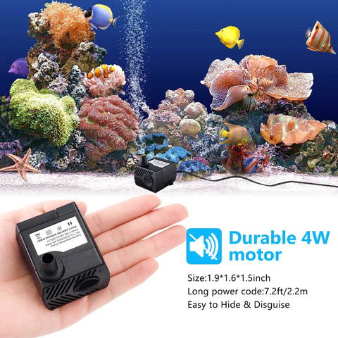Hand holding Ultra Quiet Submersible Fountain Pump 80 GPH For Pond Or Aquarium Includes 4.9 Ft Tubing And 3 Nozzles For Hydroponics