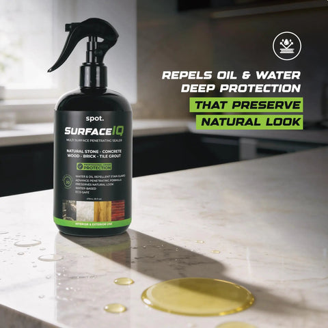 Hardcore Penetrating Sealer Spray For Concrete Brick And Unsealed Grout Leaves Invisible Stain Shield on countertop with spills.