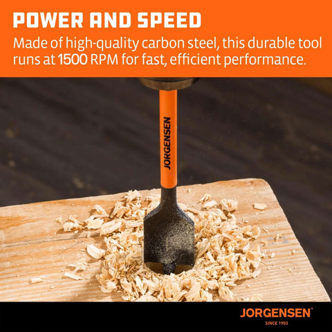 Jorgensen orange spade drill bit drilling into wood with wood shavings